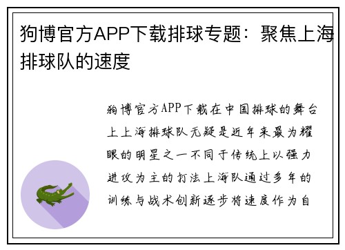狗博官方APP下载排球专题：聚焦上海排球队的速度